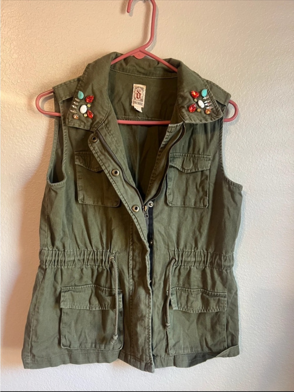 Decree Olive Utility Vest with Jeweled Collar